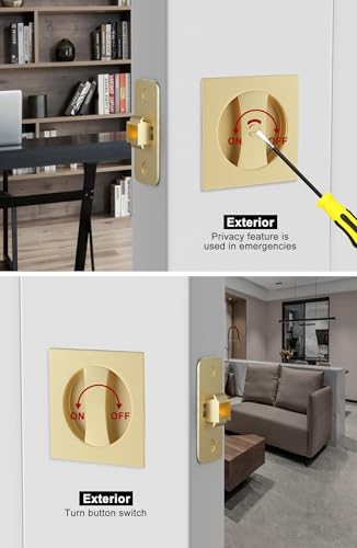 Image of Goldenwarm Brushed Gold Pocket Door Locks for Bathroom with Indicators, Square Pocket Door Hardware for Pocket Door, Gold Sliding Pocket Door Handles 2-3 /8 inch Latch 1 Pack