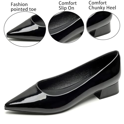 Women's Patent Leather Chunky Heel Pumps Sexy Pointed Toe Slip-On Low Heel Dress Shoes Wedding Date Evening Formal Shoes3