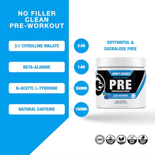 Image of Honey Badger Pre Workout Powder, Keto Vegan Preworkout for Men & Women, Beta Alanine & Caffeine, Sugar Free Natural Energy Supplement, Blue Raspberry, 30 Servings