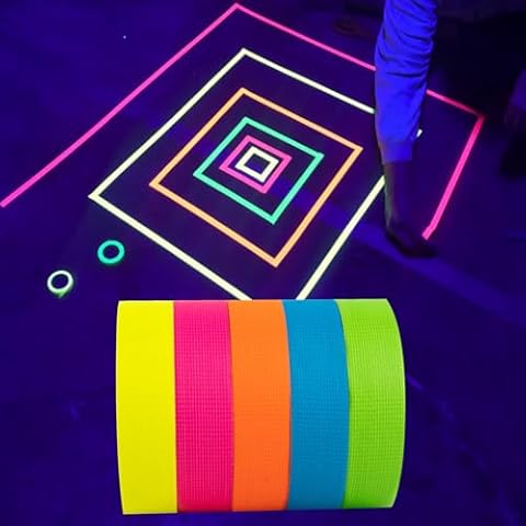 CARGEN Neon Gaff Gaffers Tape, Neon Duct Tape for Neon Glow Fluorescent Blacklight UV Party Decorations Supplies Accessories, 0.6 Inch x 16.5 Feet, 5 Kinds of Colored Tape, PE Gauze Material Cover