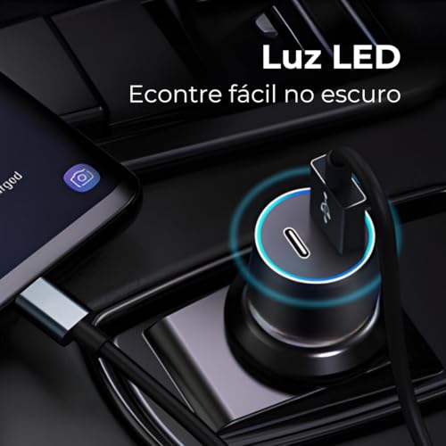 Carregador Veicular Turbo Ultrarrápido 9.1A com 2 Entradas 60W - USB-C + USB 4.0 com LED