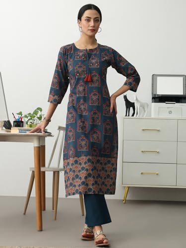 Image of Gerua Blue Ethnic Motifs Printed Straight Kurta Set
