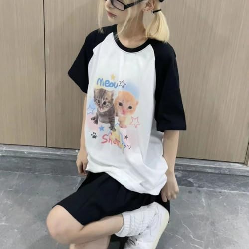 Women's Kawaii Cat Print T-Shirts Cartoon Letter Japan Style Kitten Short Sleeve Cute Print Tops Sweet Girl Y2k Tee Tops4