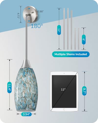 Image of EDISHINE Pendant Light, Hand Blown Hanging Light Fixture, Adjustable Brushed Nickel Rods, 5.12 inch D x 11.4 inch H Shade, Blue Glass Pendant Lighting for Kitchen Island, Sink, Bathroom, Dining Room