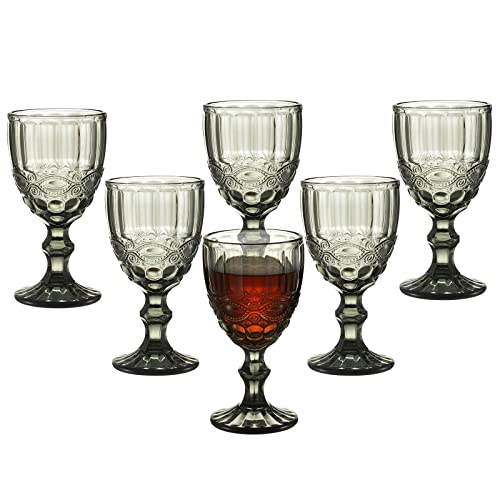 Vintage Wine Glasses Set Of 6, 10 Oz Colored Glass Water Goblets, Unique Embossed Pattern Stemmed Glassware High Clear Beverage Drinking Cups For Wedding Party Kitchen Bar Daily Use #TOP11