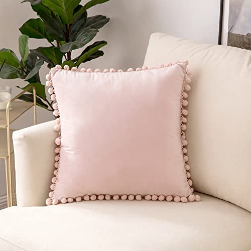 Woaboy Decorative Pillow Covers 18X18 Pink Throw Pillows Pack Of 2 Cozy Soft Pom-Poms Velvet Couch Pillow Covers Home Decor For Farmhouse Cushion Sofa Bedroom #TOP1