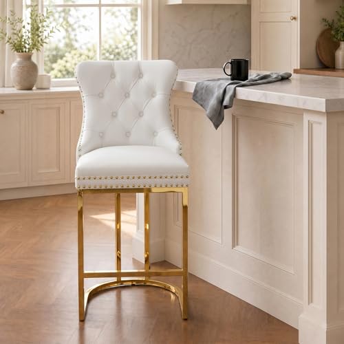 Image of UVV Counter Height Bar Stools Set of 1, 26 inch Modern Barstools with Back, Faux Leather Upholstery Counter Chairs with Metal Legs for Kitchen Island, Bar, Counter, White