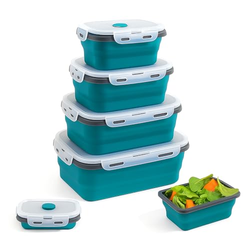 Dice Pro Collapsible Silicone Lunch Boxes – Leak-Proof, BPA-Free, Eco-Friendly Food Storage Containers – Microwave, Dishwasher & Freezer Safe, Space-Saving Bento Box with Lids (Teal)