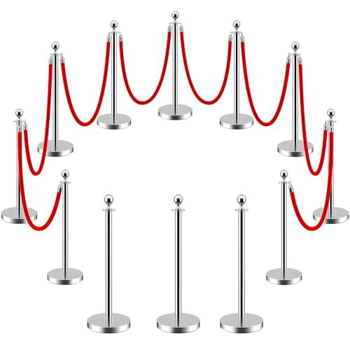 Image of LOVMOR Crowd Control Stanchion, 12Pcs Silver Stanchion Posts Queue with 8pcs 5 ft /1.5 m Red Velvet Rope, Rope Barriers Crowd Control Barriers Queue Line for Hotel Theater Party Supplies