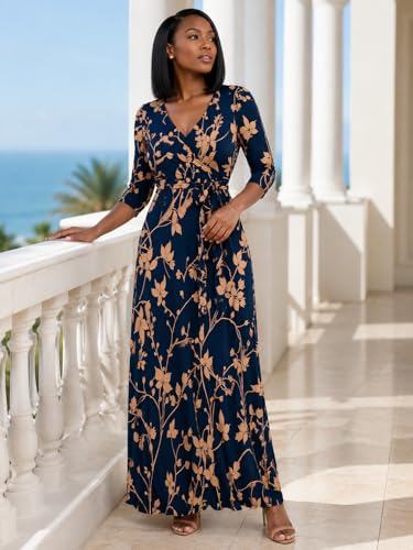 Image of Women's V Neck Floral Maxi Dress 3 /4 Sleeve Plus Size Boho Wrap Flowy Long Dresses with Belt