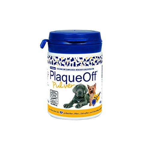 ProDen PlaqueOff Pulver |All Natural Dog Zahnpflege 40g |Atemerfrischer für Hunde Plaqueentferner für Hunde |Bekämpft natürlich Mundgeruch, Plaque und Zahnsteinbildung bei Hunden Mit Essen bestreuen Cover