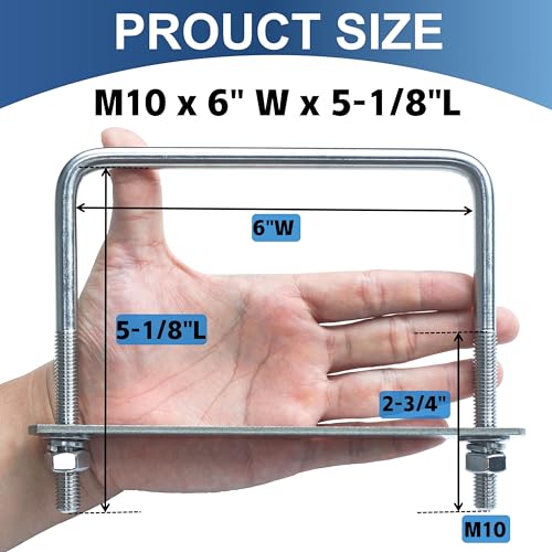 Image of 4 Pcs M10 Square U Bolts 6 Inch Wide, 3 /8 inch x 6 inchW x 5-1 /8 inchL