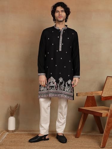 Image of Amazon Brand - Tavasya Men Printed Kurta with Ethnic Motif Border | Special Haldi Kurta | Festive Embellished Long Kurta | Embroidery Kurta | Ethnic Wear | Mandarin Collar | Knee Length