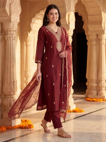 Image of INDO ERA Women's Silk Blend Embroidered Kurta & Pant with Dupatta Set | Kurta Sets For Woman