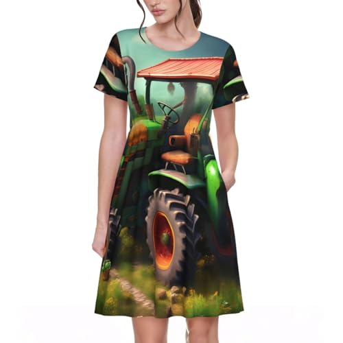 EdWal Fantasy Farm - Vestido de verano para mujer, diseño floral, manga corta, cuello redondo, acampanado, vestido midi de verano, Negro, 3XL