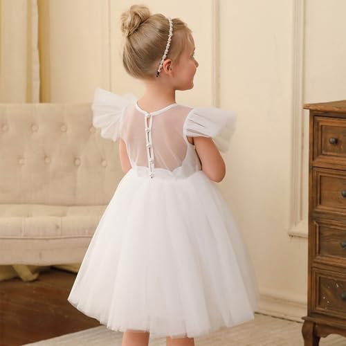AGQT Flower Girl Dress V-Back Ruffle Sleeve Dresses Girls Tulle Dress for Wedding First Communion with Bow-Knot 3T-9T4