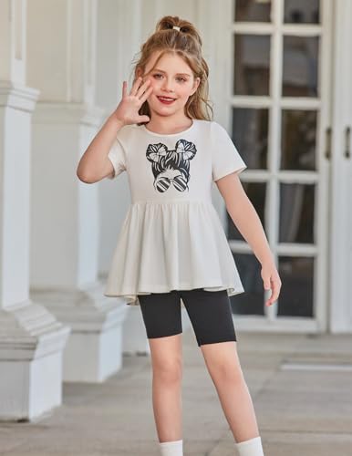 Image of Arshiner Girls Summer Outfits Short Sleeve Ruffle Hem Top and Biker Shorts Set Girl Clothes 4-15 Years