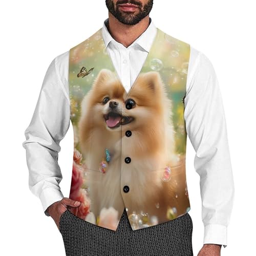 Pomeranian Dog Butterfly Men's Suit Vests Business Formal Dress Vest V-Neck Waistcoat for Wedding Casual