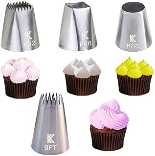 Kalane Extra Large Stainless Steel Icing Piping Nozzle Tip Set for Baking and Cake Cupcake Cookie Decorating F06 F02 R22L 9FT Stars Shells in a Box