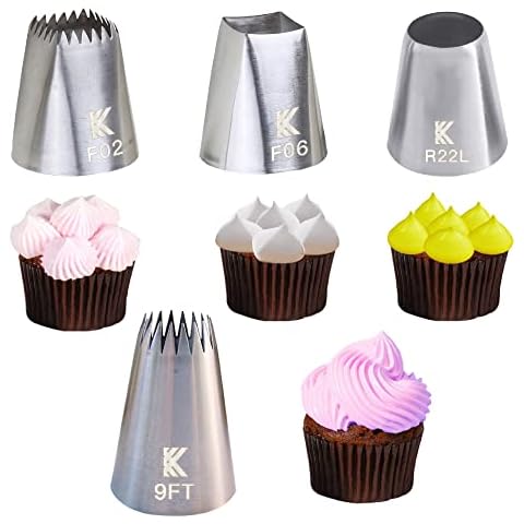 Kalane Extra Large Stainless Steel Icing Piping Nozzle Tip Set for Baking and Cake Cupcake Cookie Decorating F06 F02 R22L 9FT Stars Shells in a Box Cover