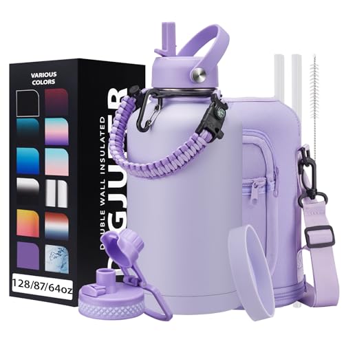Half Gallon Water Bottle Insulated - 64 oz Water Bottle with Carrying Sleeve, Paracord Handle, Straw Spout Lid, Leak-proof Metal Hydro Water Jug for Workout Sport Hiking Gym, Purple Big Flask Thermo