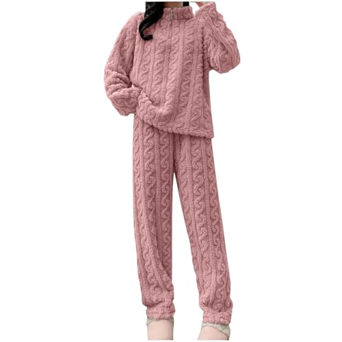 Generisch Pijama para mujer de franela de cuello redondo, dos piezas, para invierno, cálido, conjunto de pijamas de forro polar, cómodo y térmico, ropa de dormir y pantalones de felpa, traje térmico