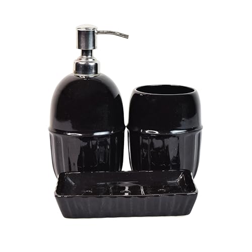 Image of Ceramic Bathroom Accessories Set for Utility and Bathroom Decor | Liquid Soap Dispenser, soap Tray, Toothbrush Holder (Exclusive Bathroom Set) (Black)