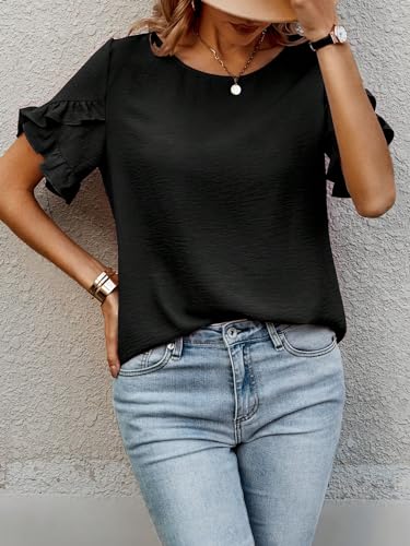 Image of Sugathari Elegant Top, Women's Solid Petal Sleeve Round Neck Ruffle Trim Top II Tops for Women /Girls (TOP 118)