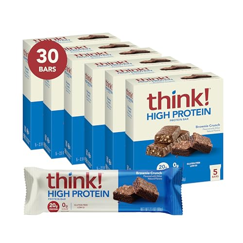 think! Protein Bars, High Protein Snacks, Gluten Free, Kosher Friendly, Brownie Crunch, Nutrition Bars, 2.1 Oz per Bar, 30 Count (Packaging May Vary)