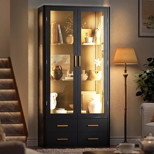 Gyfimoie Display Cabinets with Multi-Color LED Lights Tall Curio Cabinet with Glass Doors Modern Display Case with 4 Drawer and Adjustable Shelvees for Toys Books Collectibles