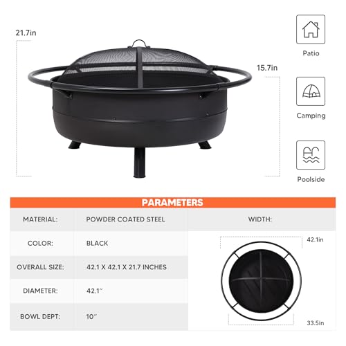 Image of SUNCREAT 42 inch Outdoor Portable Fire Pit with Spark Screen, Fire Poker, Wood Burning Patio Fire Pits with Protective Ring, Black