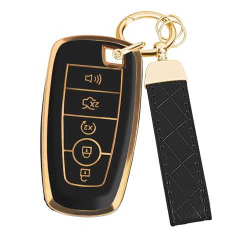 Coque de clé Ford en TPU noir avec porte-clés en cuir pour Mustang et Explorer