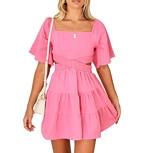 Image of OWNGIGI Women's Summer Dresses Square Neck Short Sleeve Cutout Crossover Elastic Waist Casual Party A-Line Mini Dress