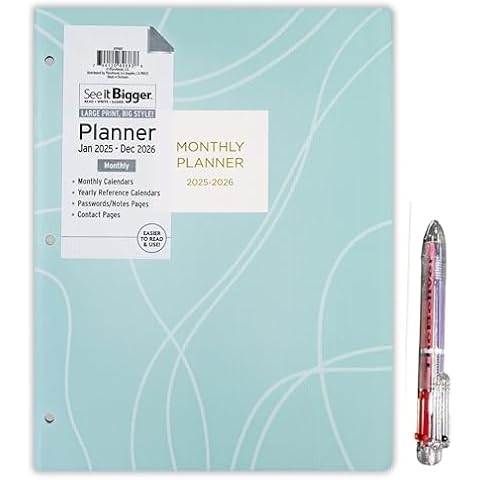 PlanAhead See it Bigger Home/Office 2-Year Monthly Planner January2025-December2026 Specialized Large Print, Size 8.5'' X 11'', assorted colors and 6 in 1 Multicolor Ballpoint Colorful Ink Pen. Cover