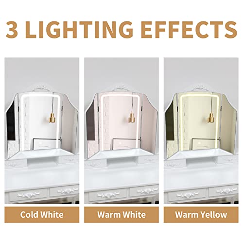 Jifuli Modern Vanity Table Set With Lighted Mirror & Power Outlet, Makeup Table With 4 Drawer, Embedded Lights Dressing Vanity Table With Cushioned Stool For Bedroom, White #TOP3