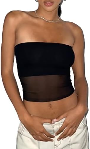 Haut tube transparent Y2K en maille transparente extensible sans bretelles