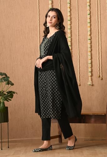 Image of Amazon Brand - Tavasya Womens Ethnic Motifs Printed Regular Pure Cotton Kurta with Trousers & Dupatta | Kurta Set | Salwar Suit | Ethnic Wear