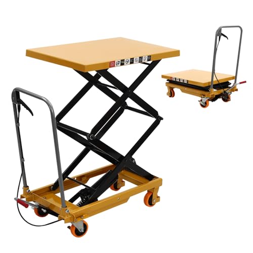 Hydraulic Scissor Lift Table, 330lbs Load Capacity 45 Inch Lifting Height, Single Scissor Hydraulic Lift Table with 4 Wheels, Manual Hydraulic Scissor Cart for Material Handling and Transportation