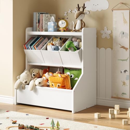 FOUCSSOMEI Toy Storage Organizer for Kids Kids Bookshelf and Toy Organizer with Storage Bins MDF Wooden Toy Storage Cabinet for Playroom Bedroom Nursery White Patent Design