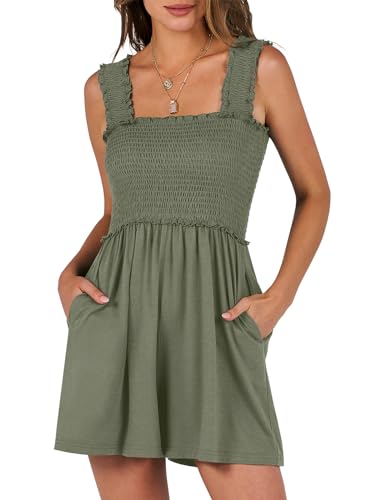 Image of Caracilia Women's Summer Casual Smocked Rompers Square Neck Sleeveless Loose Shorts Jumpsuit 2025 Beach Vacation Outfits