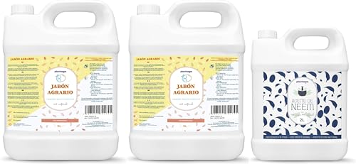 Jabón Potásico 2x5L + Aceite de Neem 2L, 100% Natural Protección Huerto, Sostenible, Alta Concentración, Mosca Blanca, Araña Roja, Pulgón, Cochinilla