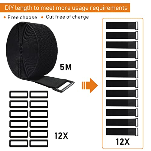 Image of 16Ft x 2In Adjustable Cable Straps with 12 Buckles, Free Cut Length, Black Reusable Fastening Cable Ties, Hook and Loop Securing Strap for Cable Tidy, Wire Management, Cord Organiser, Black
