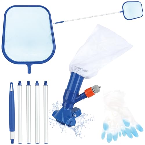 com-four® Juego de Limpieza de Piscinas con Red desnatadora, Cepillo para Piscinas y Varilla telescópica: Accesorios para Limpiar Piscinas, estanques y Fuentes