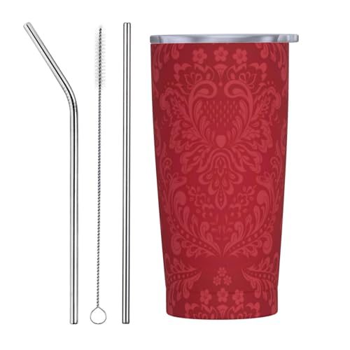 Vaso de 20 onzas con tapa y popote, vaso aislado vintage borgoña de acero inoxidable, vaso de café personalizado, botella de agua