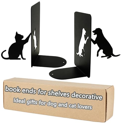 Metal Dog Cat Animal Bookends, Cute Black Book End Decorative, Heavy Books Supportor for Shelves Desktop Organizer, Gifts for Puppy Lovers