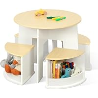 OOOK Toddler Table and Chair Set, Wooden Round Table with 4 Storage Stools, Kids Tables and Chairs for Arts, Crafts, Read and Play