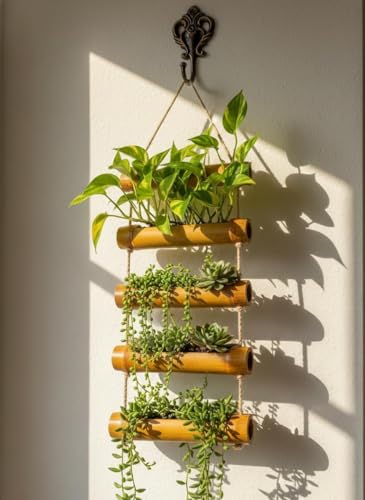 Image of Bamboo Handamade Planter Basket Wall Hanging Bamboo Planter for Plants Perfect for Home & Garden Decor