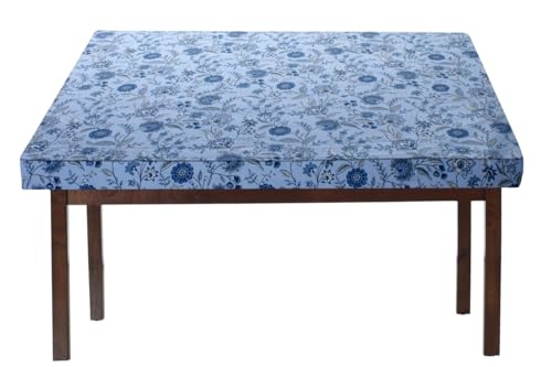 Image of The Furnishing Tree Elastic Cotton Square Dining Table Cover 44x44 in Inches Floral Navy Blue