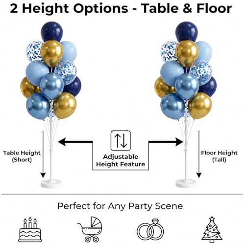 Image of Balloon Column Kit Set of 2, Anti-Tip Sand-Fill Base Balloon Tower Stand with 10 inch 26pc Blue Gold Confetti Balloons, Height Adjustable for Easter Birthday Wedding Bridal Party Decorations