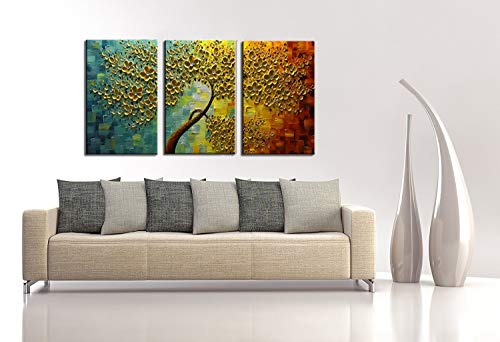 Yasheng Art - 28X20Inchx3 Oil Paintings Hand Painted 3 Panels Oil Painting On Canvas Palette Knife 3D Golden Trees Paintings Modern Home Decor Wall Art Painting For Living Room Framed Ready To Hang #TOP5